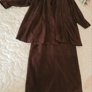 Vintage dark chocolate suede skirt and swing jacket, by Siena, M
